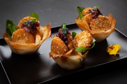 Phyllo Cups With Camembert Bites And Caramelised Onion